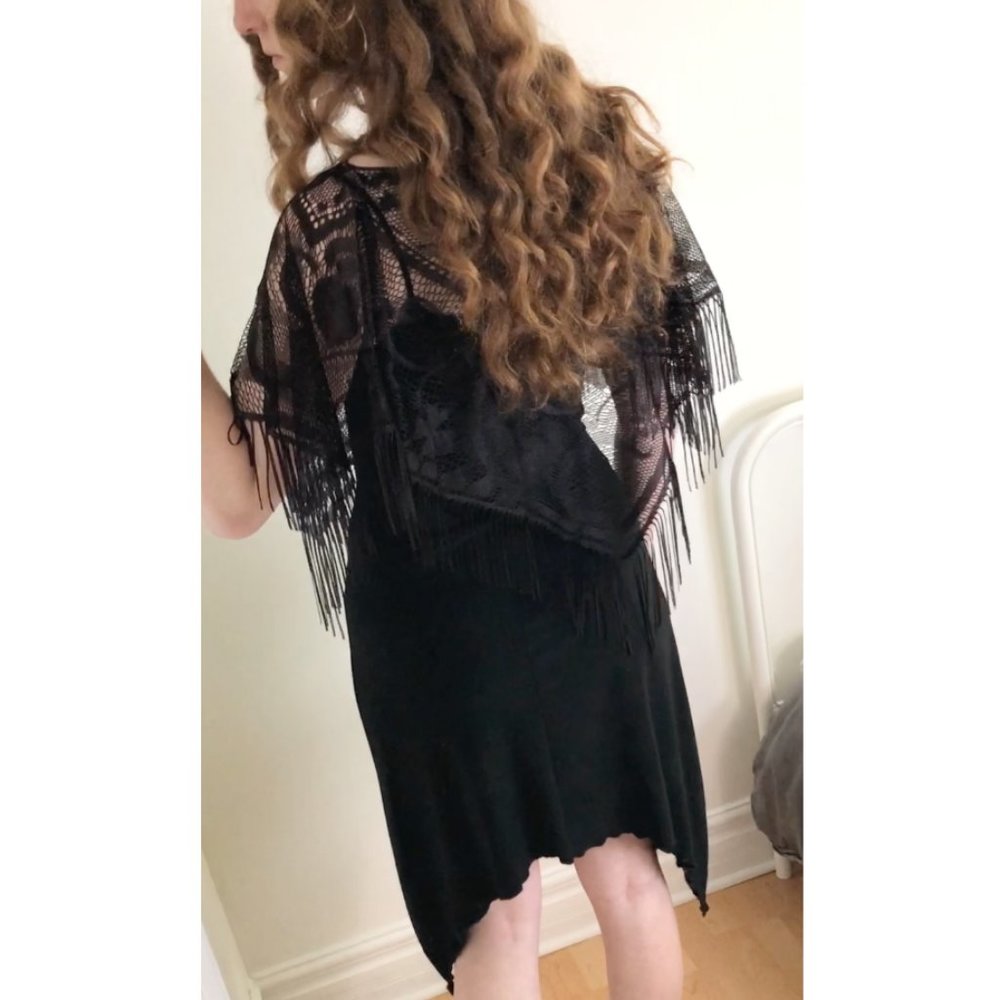 Stunning Vintage Lace Fringe Dark Midi Dress S/M - Picture 5 of 7